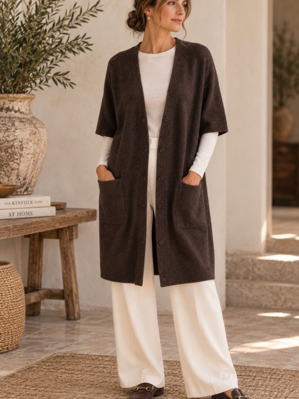 Eileen Fisher Wool Cashmere Cardigan L Brown Longline Lagenlook Luxe Minimalist